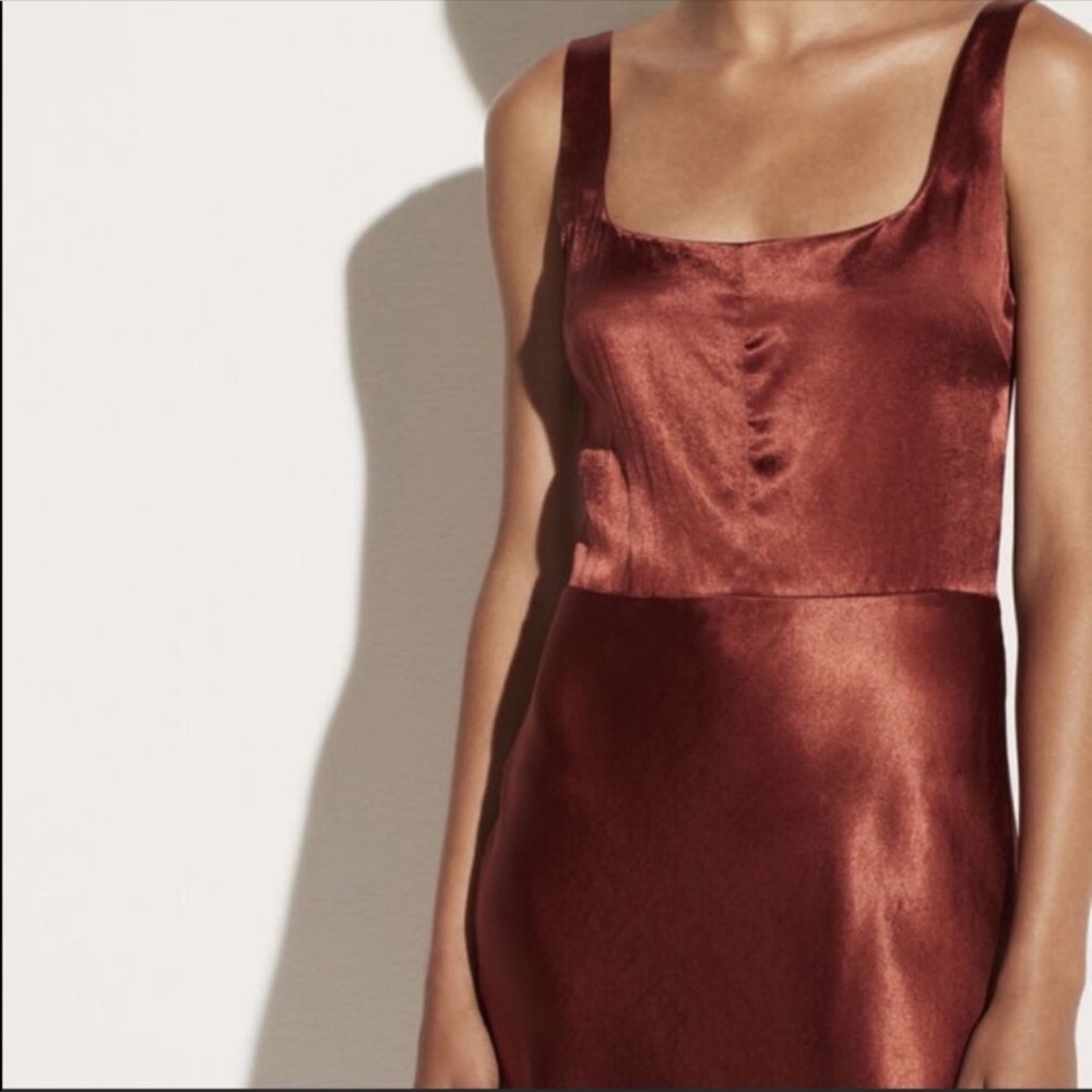 VINCE Fitted Satin Slip Midi Dress in Sangre - Picture 10 of 10